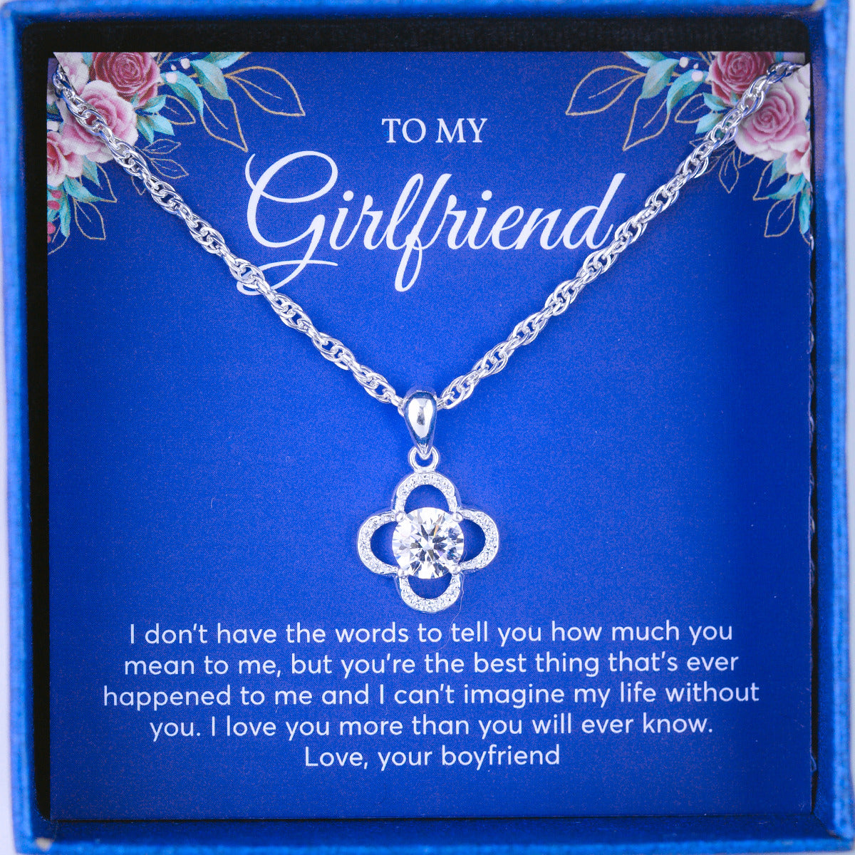 JUELHAUS Silver Necklace Gift for girlfriend S990 Pure 4-Petaled Flower Shape with Simple Stone Border Pistil Stone 5 Cups Impressive Bright White