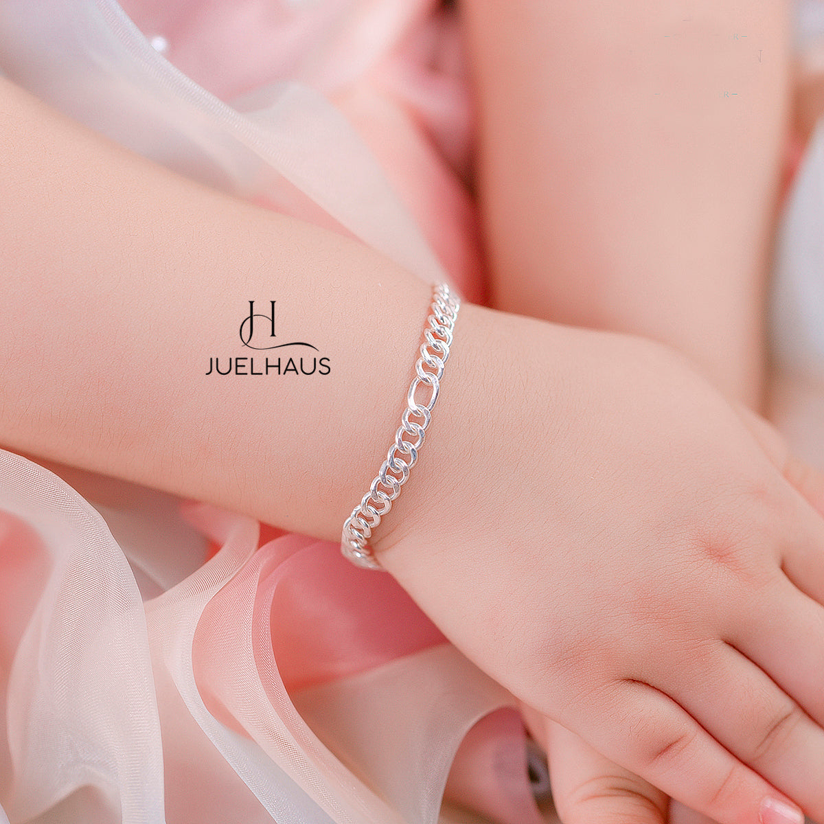 JUELHAUS Silver Baby Bracelets with Stylized Single String Bells Interspersed with Long Round Eyes