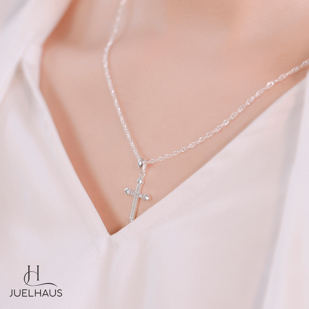 JUELHAUS S990 Pure Silver Cross Pendant with Exquisite Stones Without Jesus Statue Available in 2 Sizes