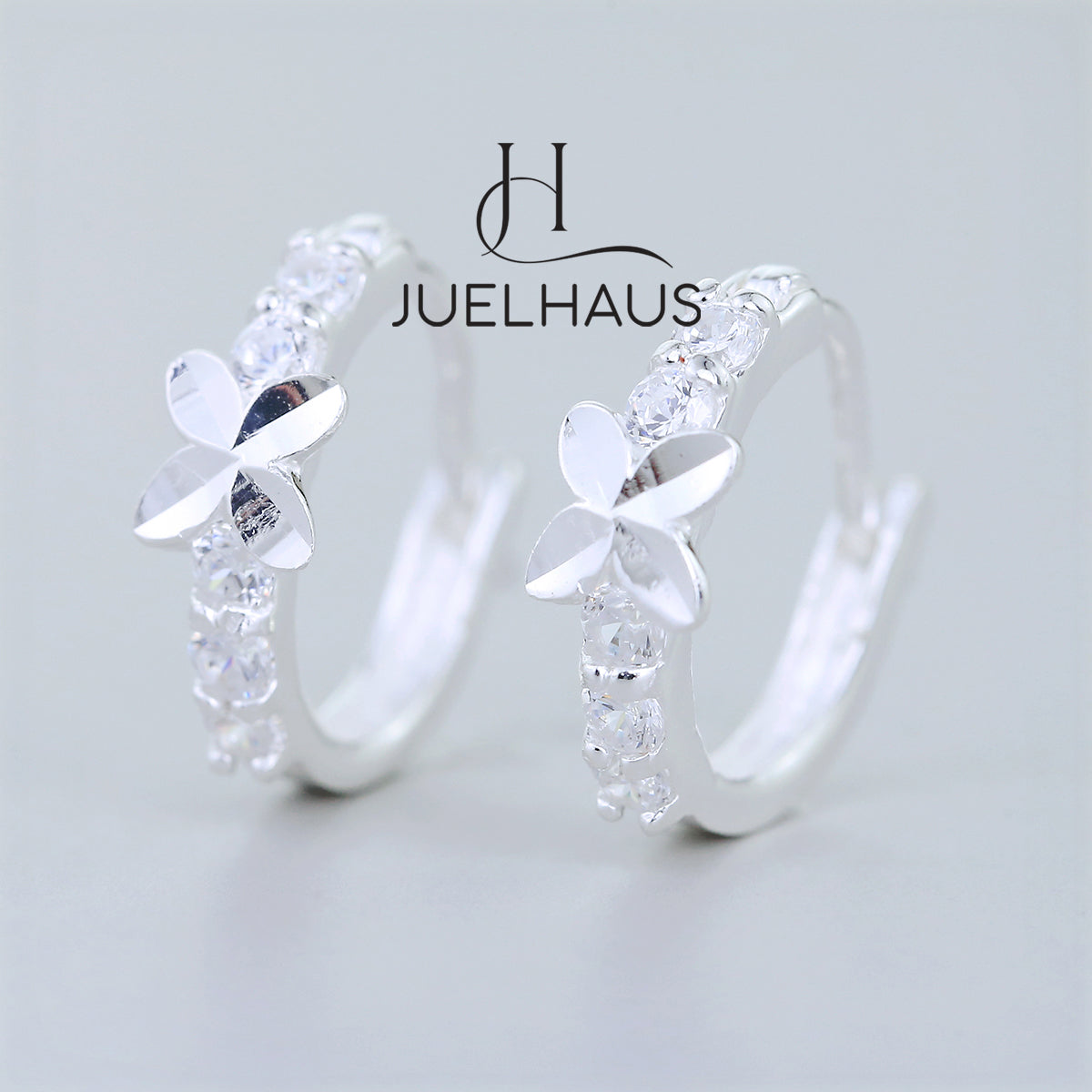 JUELHAUS Silver Earrings for Children, Non-Round Style, 1 Row of Cute Small Stones with 4 Bright Milled Flowers