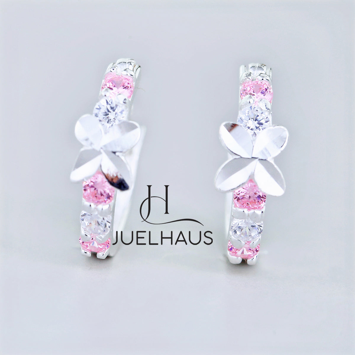 JUELHAUS Silver Earrings for Children, Non-Round Style, 1 Row of Cute Small Stones with 4 Bright Milled Flowers