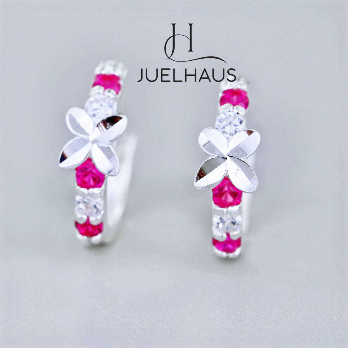 JUELHAUS Silver Earrings for Children, Non-Round Style, 1 Row of Cute Small Stones with 4 Bright Milled Flowers