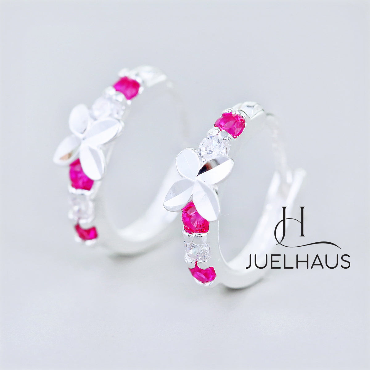 JUELHAUS Silver Earrings for Children, Non-Round Style, 1 Row of Cute Small Stones with 4 Bright Milled Flowers