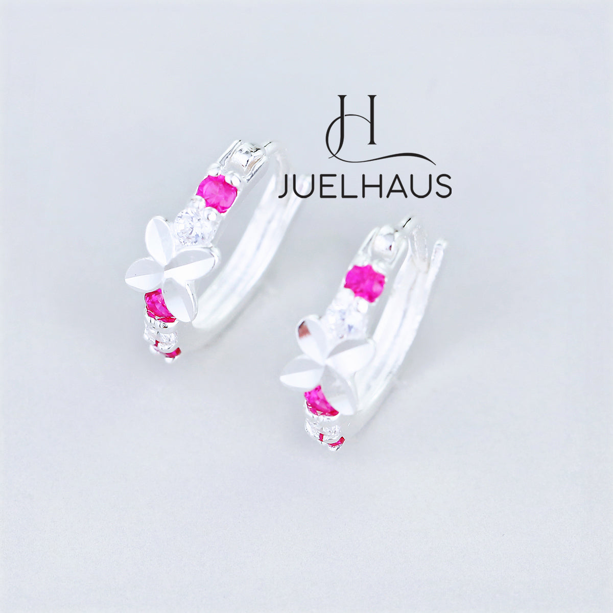 JUELHAUS Silver Earrings for Children, Non-Round Style, 1 Row of Cute Small Stones with 4 Bright Milled Flowers