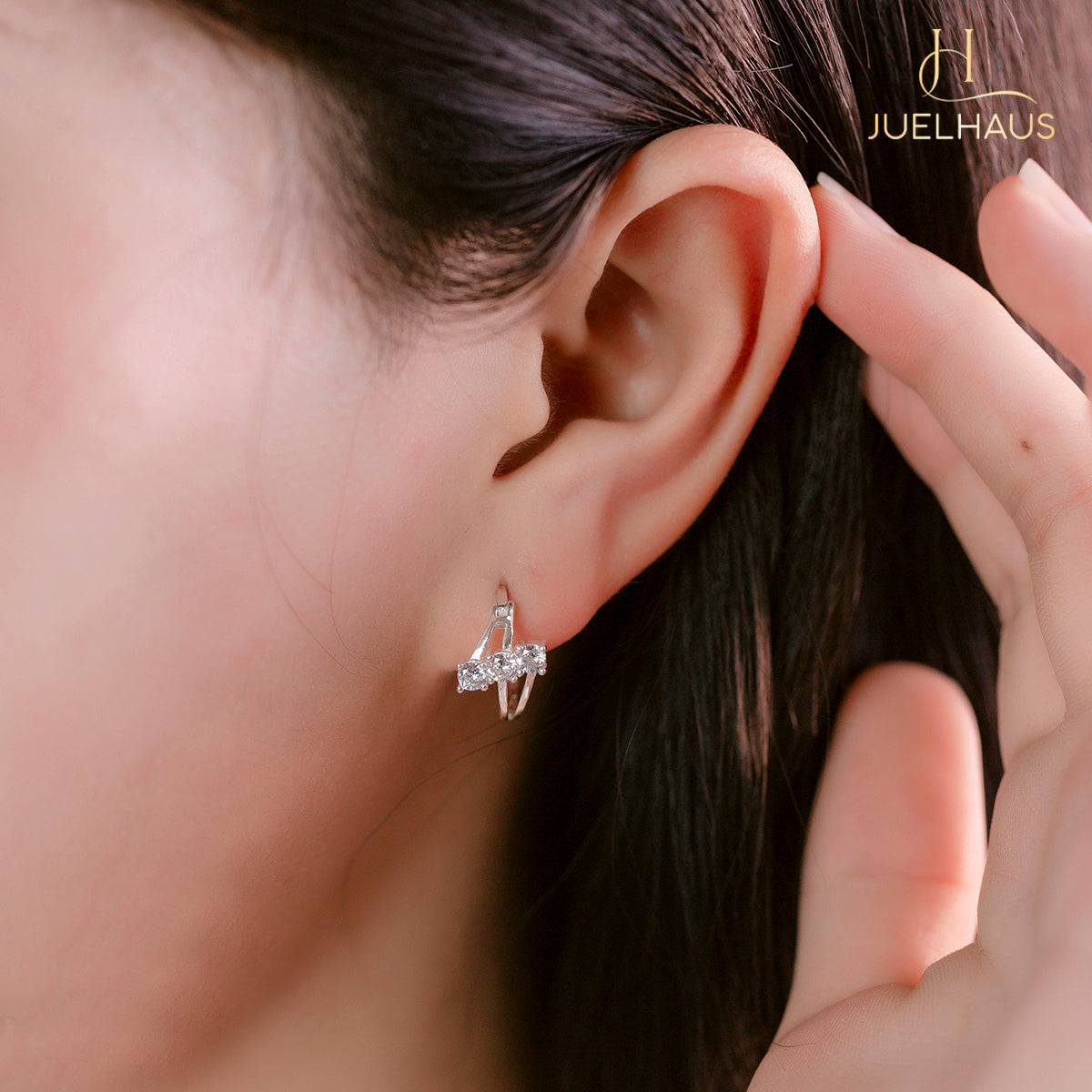 JUELHAUS Women's Sterling Silver Earrings with Solid Round Stones with 3 Outstanding Horizontal Stones