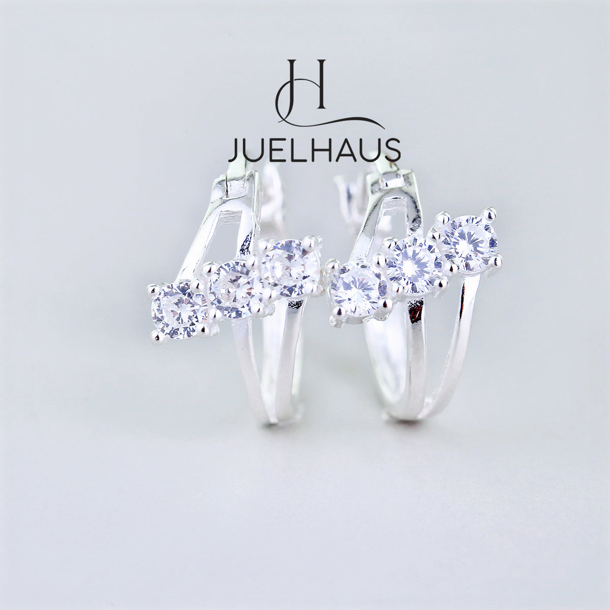 JUELHAUS Women's Sterling Silver Earrings with Solid Round Stones with 3 Outstanding Horizontal Stones