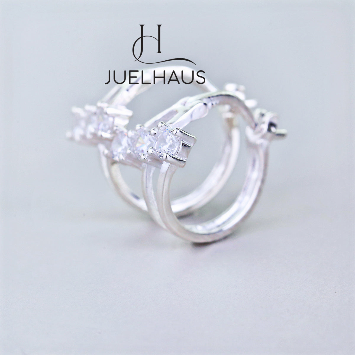 JUELHAUS Women's Sterling Silver Earrings with Solid Round Stones with 3 Outstanding Horizontal Stones