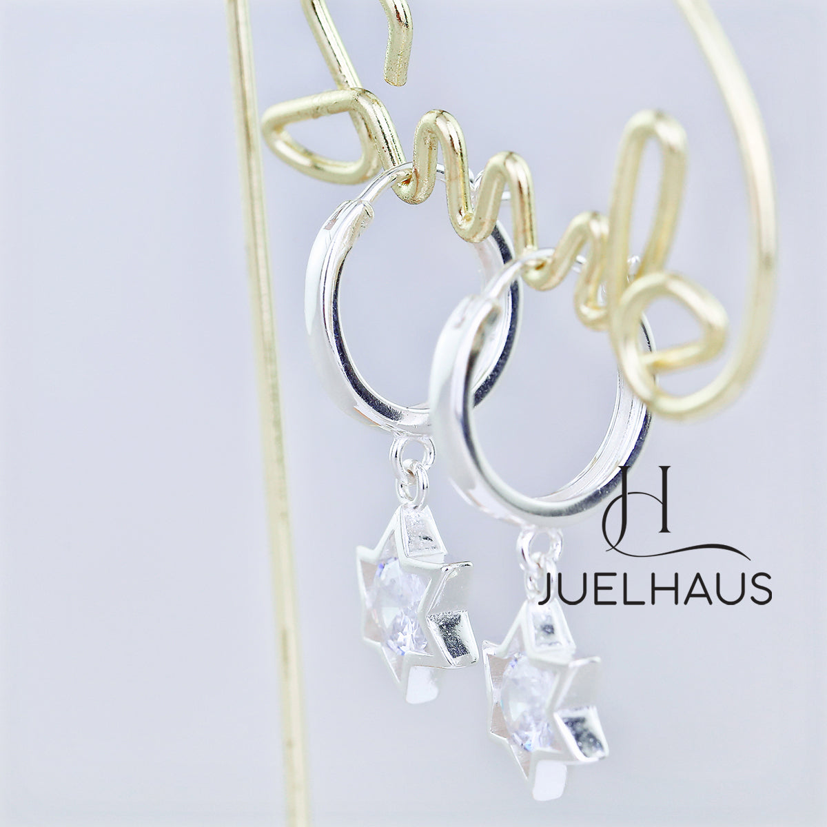 JUELHAUS S925 Children's Silver Earrings Long Tung Teng Style with Sparkling Stone Stars