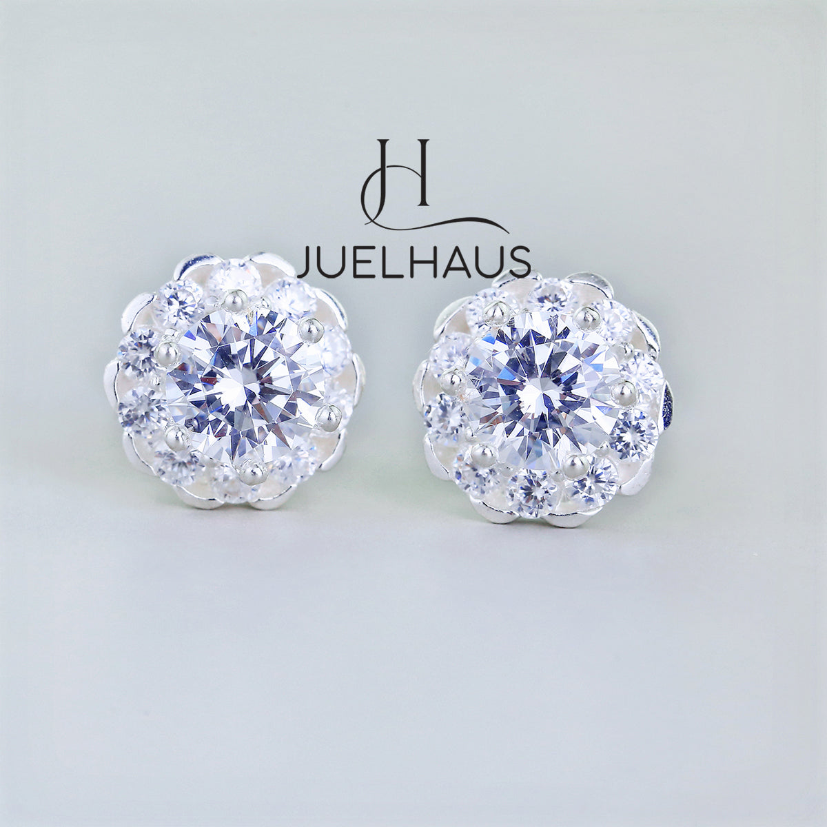 JUELHAUS Women's Silver Earrings with Stone Buds in Round Flower Shape, Simple, Luxurious and Outstanding
