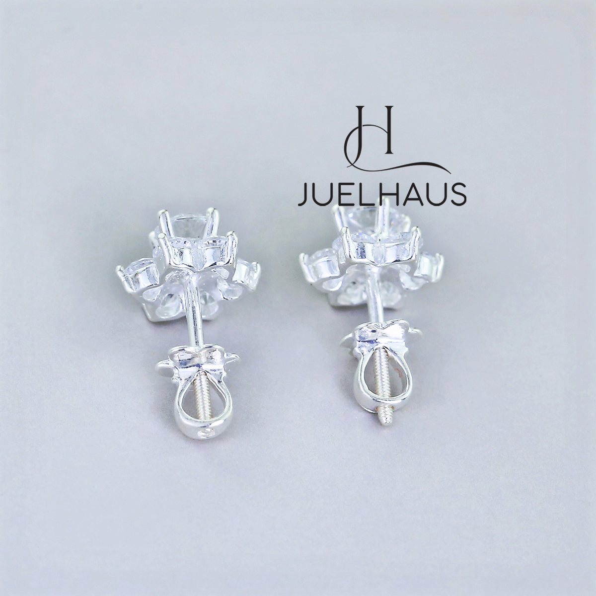 JUELHAUS Women's Silver Earrings with Stone Buds in Round Flower Shape, Simple, Luxurious and Outstanding