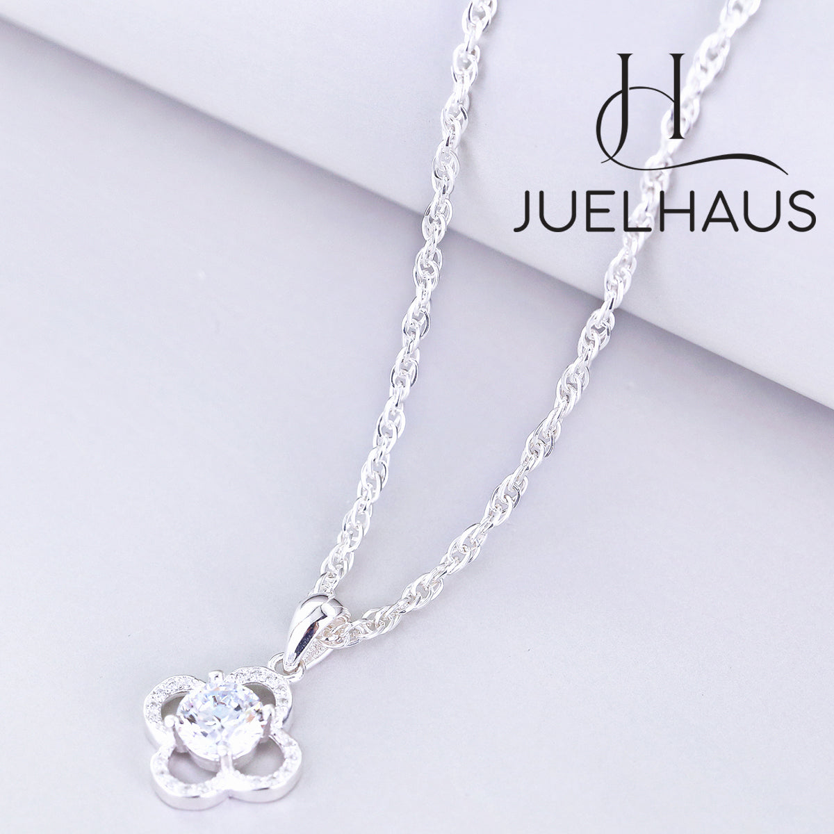 JUELHAUS Silver Necklace Gift for Sisters S990 Pure 4-Petaled Flower Shape with Simple Stone Border Pistil Stone 5 Cups Impressive Bright White