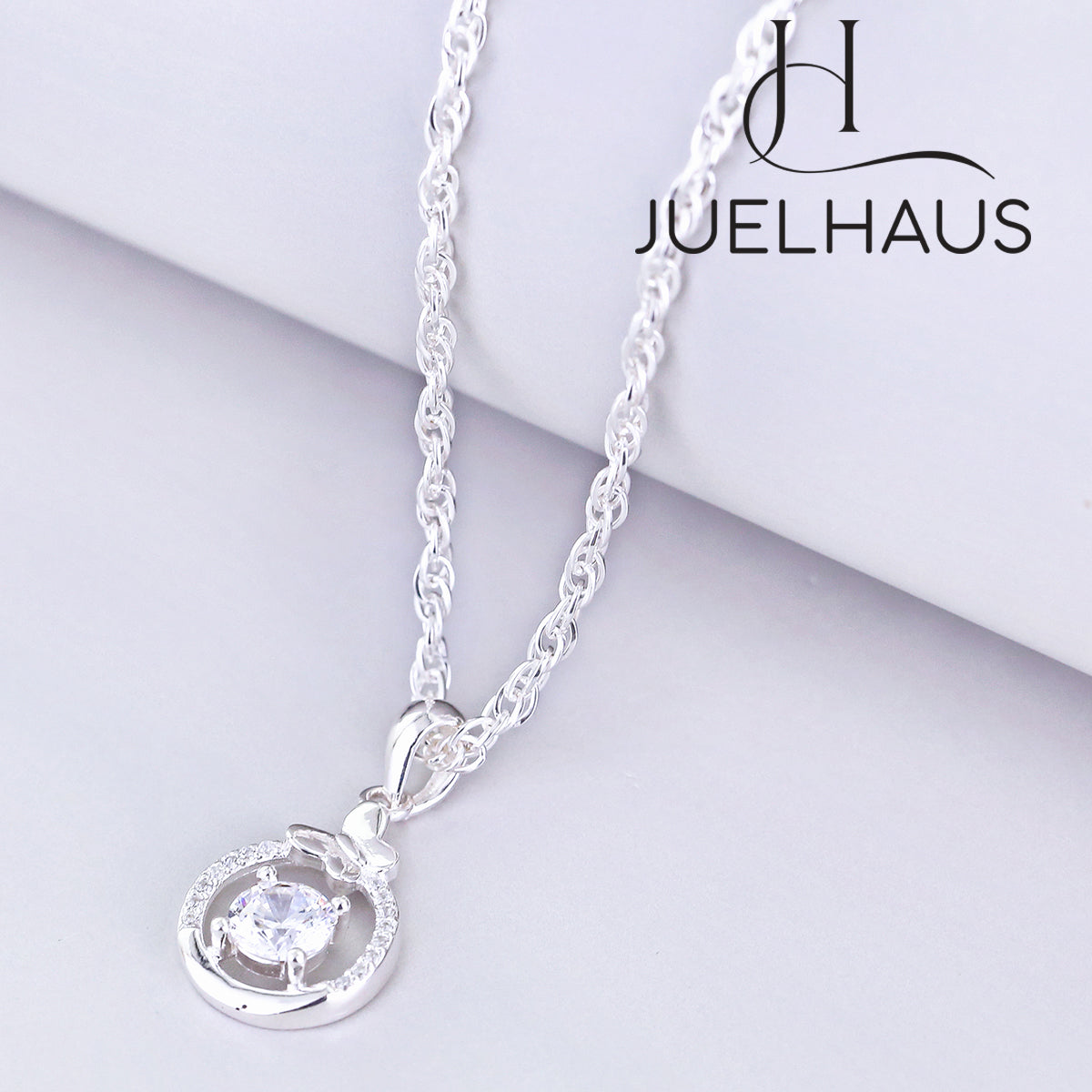 JUELHAUS Pure S990 Silver Necklace for Girls Italian-style Pendant with Butterfly Perched on Stone with 4 Sparkling Cups