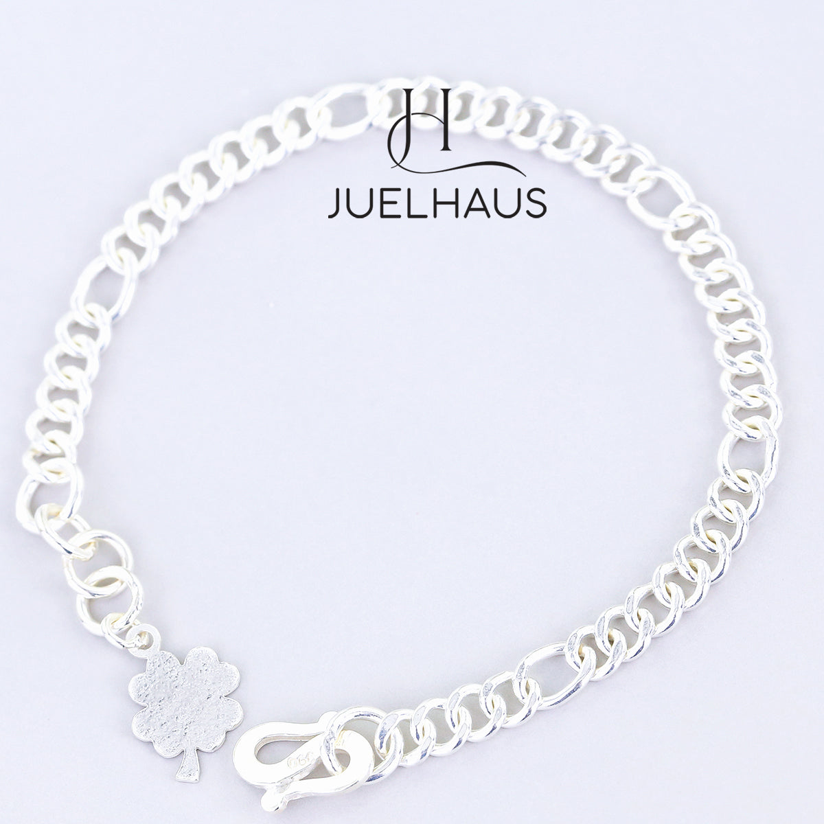 JUELHAUS Silver Bracelet for Girls, Single Chain Style, Interspersed with Long Round Eyes, with Lucky Four-Leaf Clover Charm