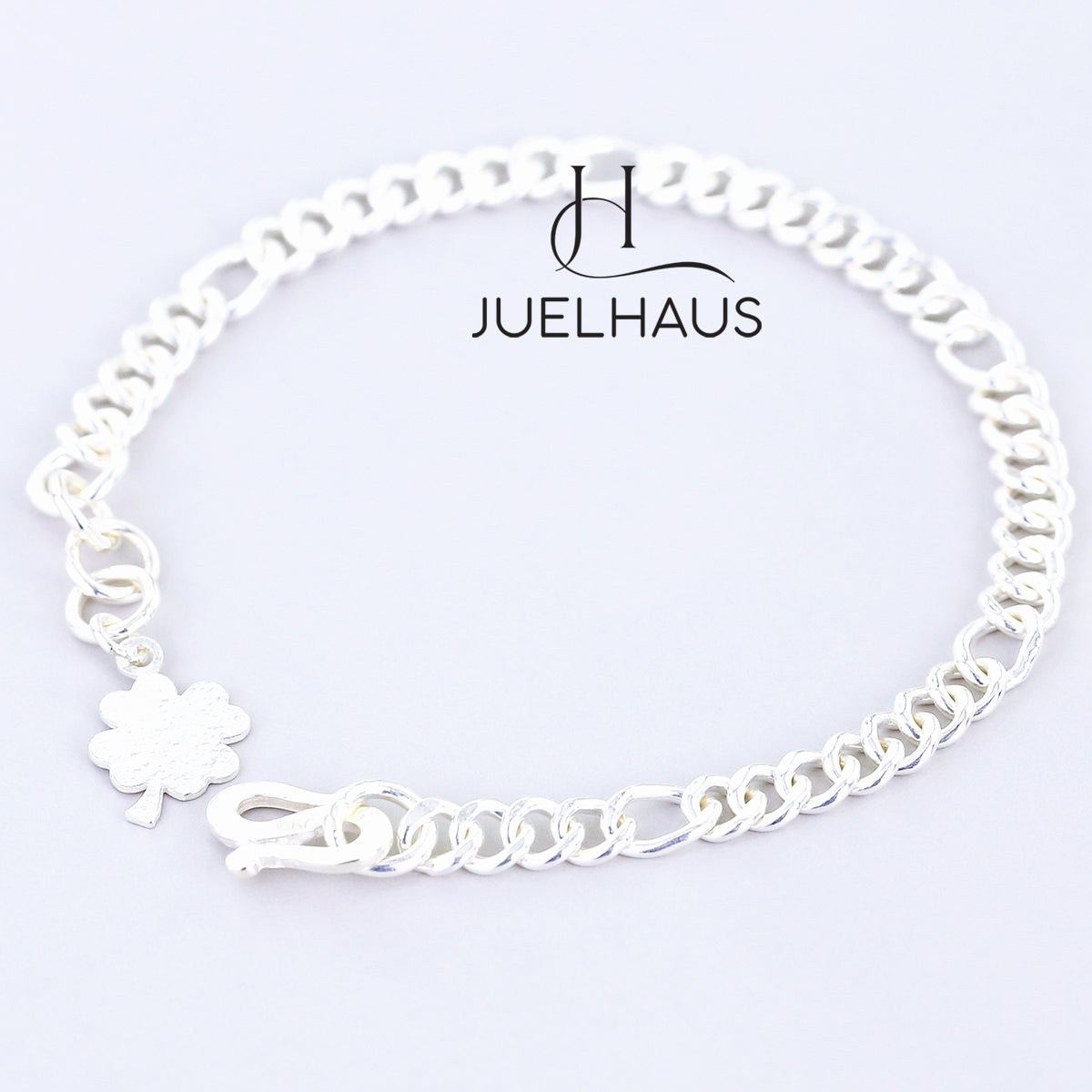 JUELHAUS Silver Bracelet for Girls, Single Chain Style, Interspersed with Long Round Eyes, with Lucky Four-Leaf Clover Charm