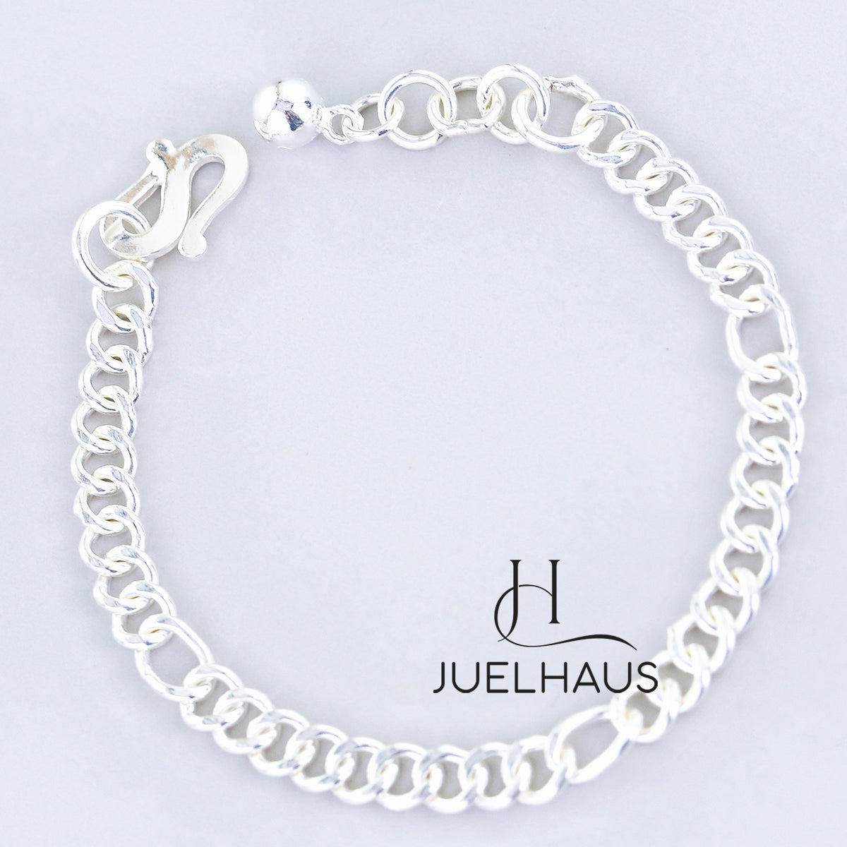 JUELHAUS Silver Baby Bracelets with Stylized Single String Bells Interspersed with Long Round Eyes