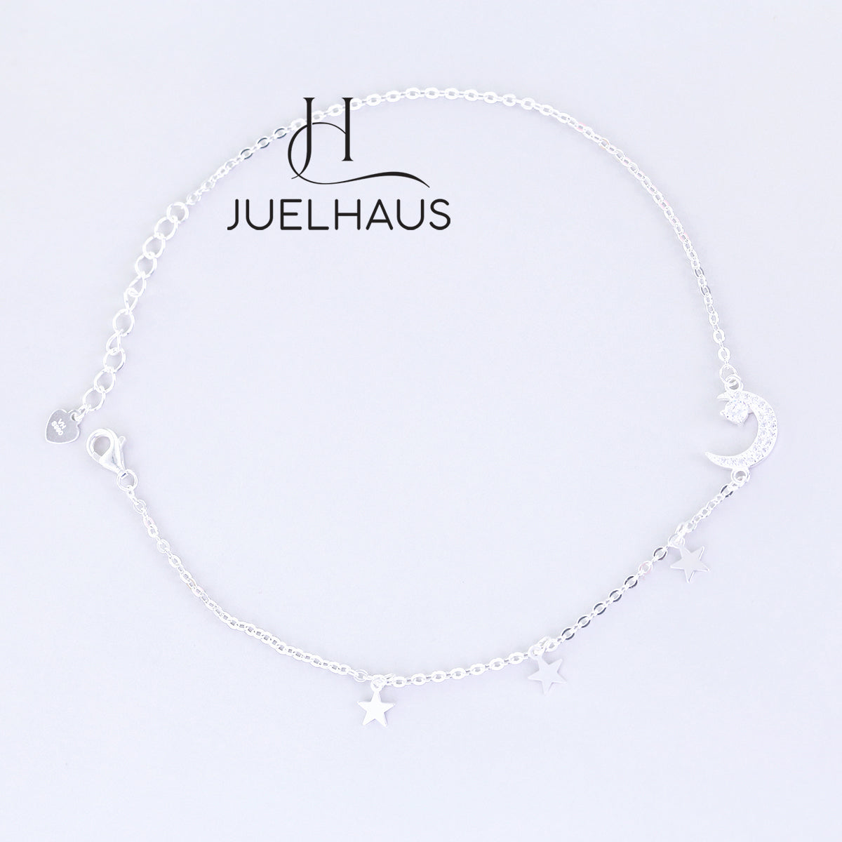 JUELHAUS S990 Pure Silver Women's Anklet with Beautiful Small Moon and Star Shaped with Sparkling Stone