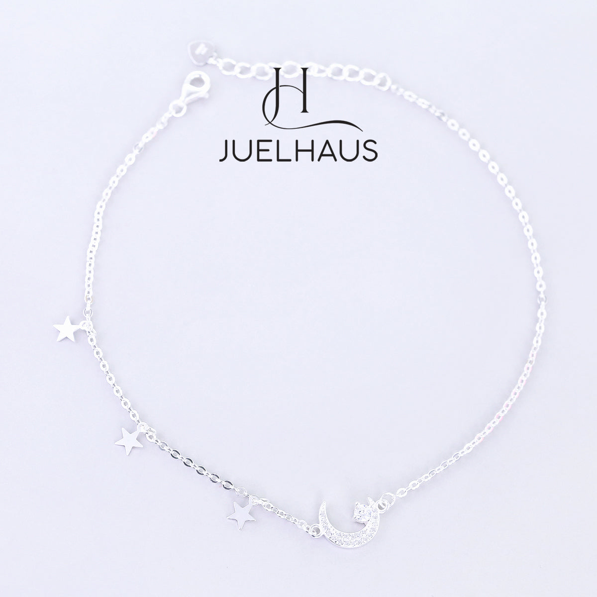 JUELHAUS S990 Pure Silver Women's Anklet with Beautiful Small Moon and Star Shaped with Sparkling Stone