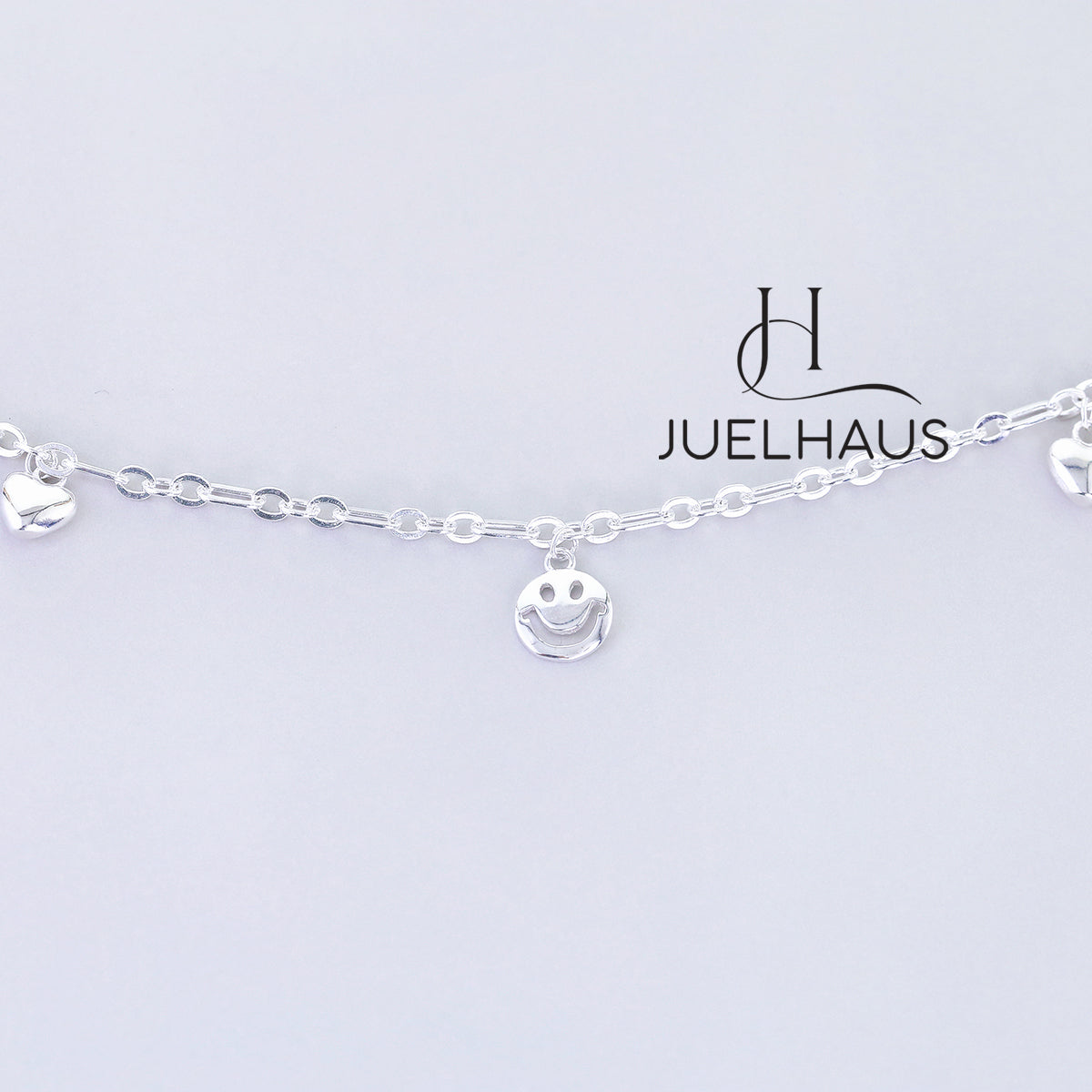 JUELHAUS S990 Pure Silver Women's Anklet with Solid Square Chain with Happy Smiley Face Shape