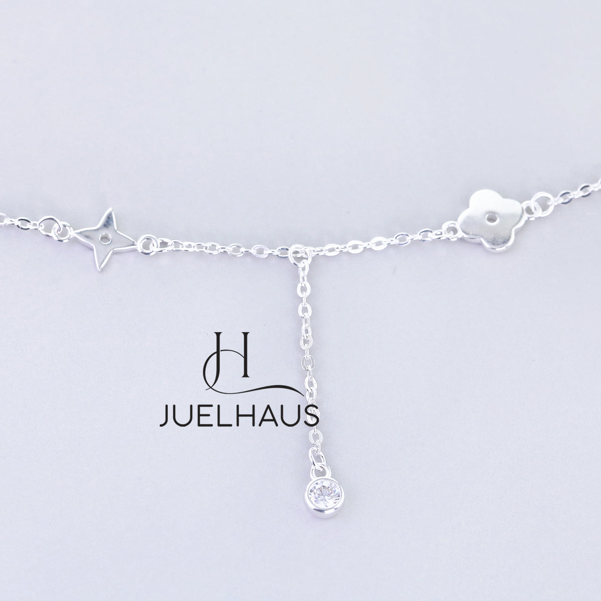 JUELHAUS S990 Pure Silver Women's Anklet Flower Shape 4-Pointed Star Solid Round Chain Unique