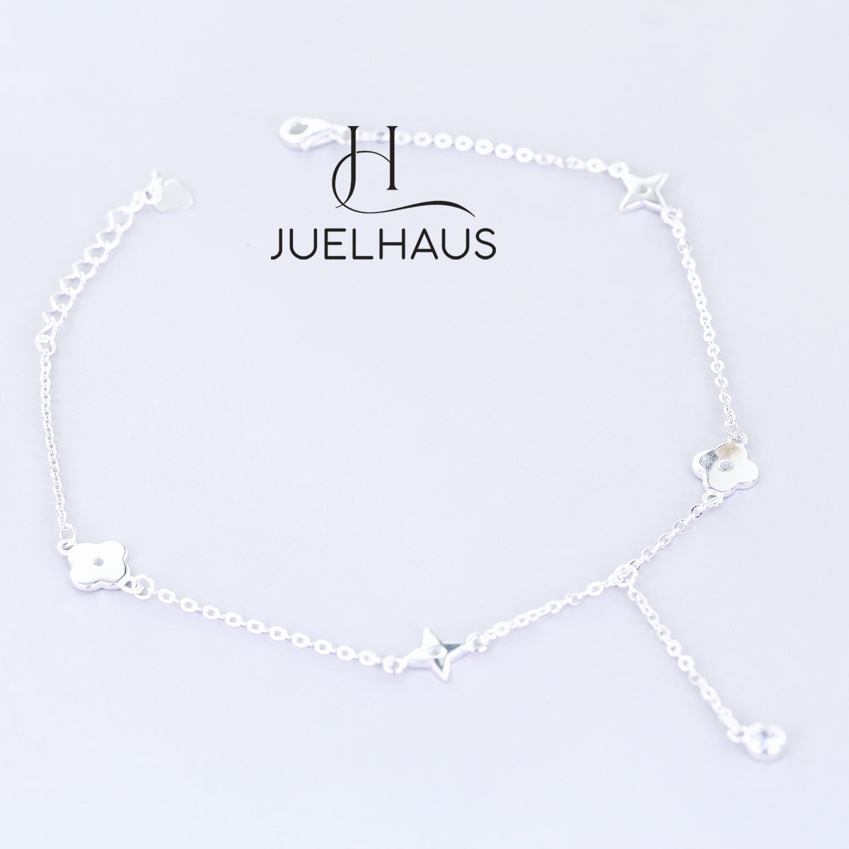 JUELHAUS S990 Pure Silver Women's Anklet Flower Shape 4-Pointed Star Solid Round Chain Unique