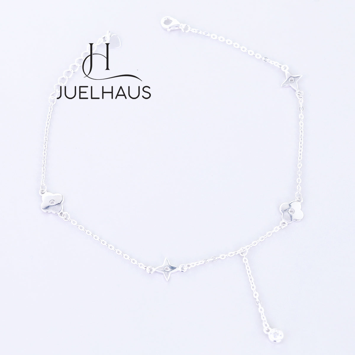 JUELHAUS S990 Pure Silver Women's Anklet Flower Shape 4-Pointed Star Solid Round Chain Unique