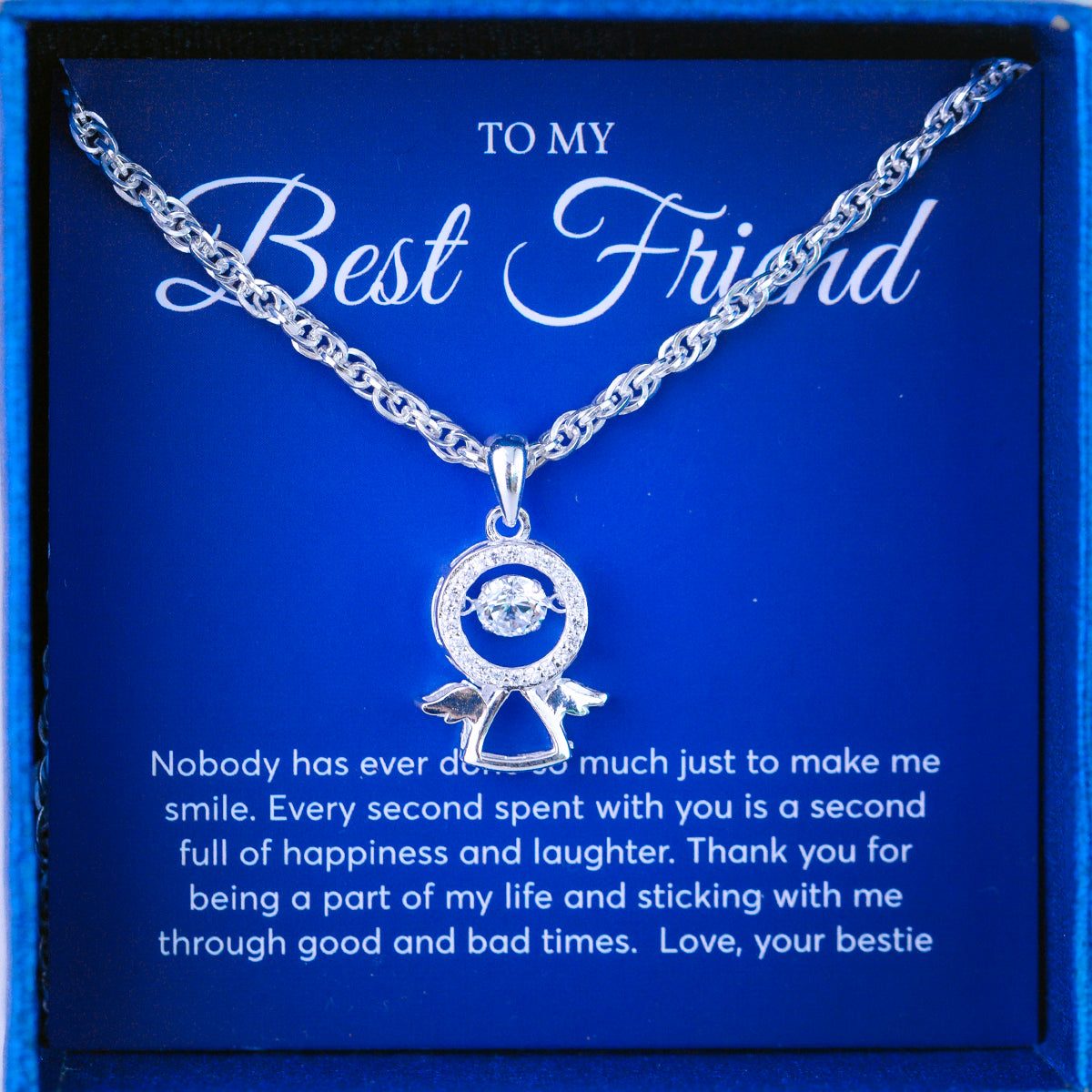 JUELHAUS Silver Necklace Gift for Best Friend S990 Pure Angel Shape Angle 3D Waving Wings Stone Face with 3 Moving Cups