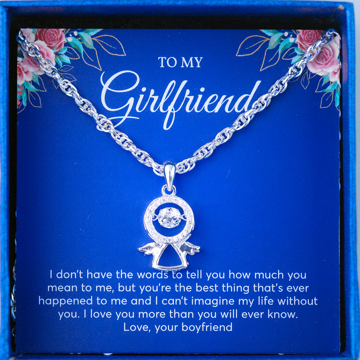 JUELHAUS Silver Necklace Gift for girlfriend S990 Pure Angel Shape Angle 3D Waving Wings Stone Face with 3 Moving Cups