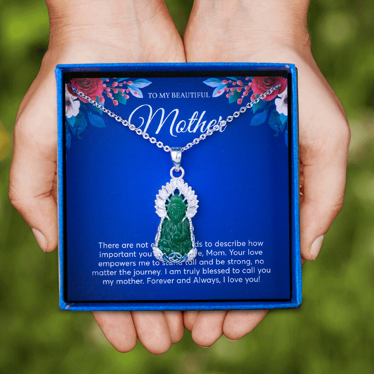 JUELHAUS Silver Pendant Gift for Mother Avalokiteśvara Bodhisattva Image Jade Green Stone with Sparkling Crystal Edge