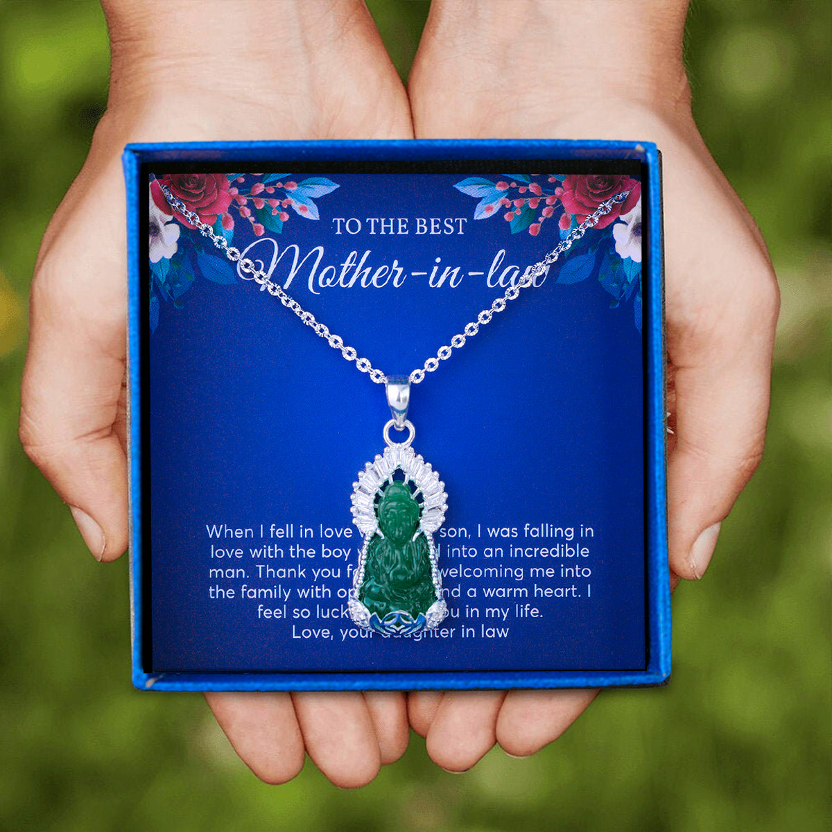 JUELHAUS Silver Pendant Gift for mother-in-law Avalokiteśvara Bodhisattva Image Jade Green Stone with Sparkling Crystal Edge
