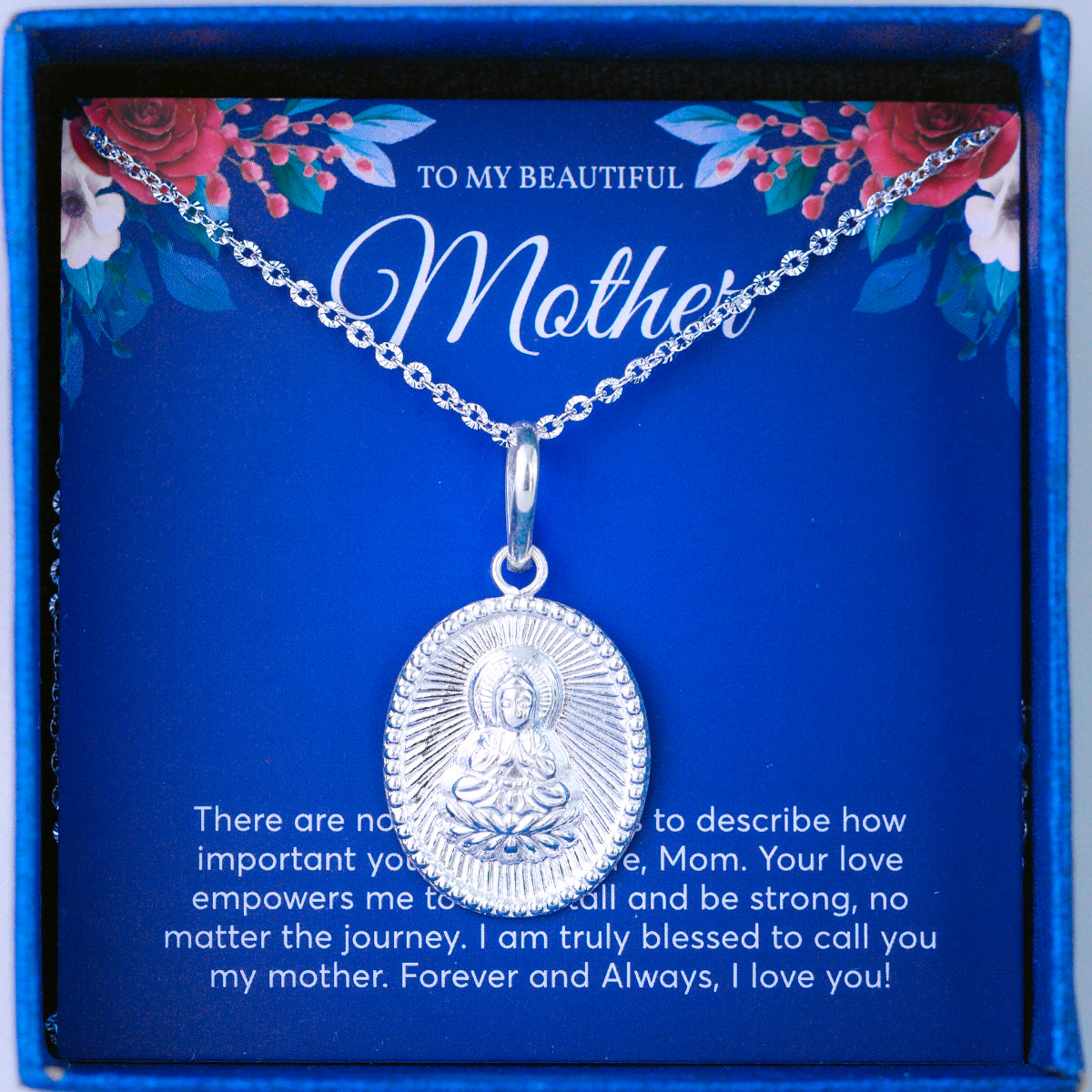 JUELHAUS Silver Pendant Gift for Mother with Oval Shape of Avalokiteshvara Bodhisattva Buddha Image