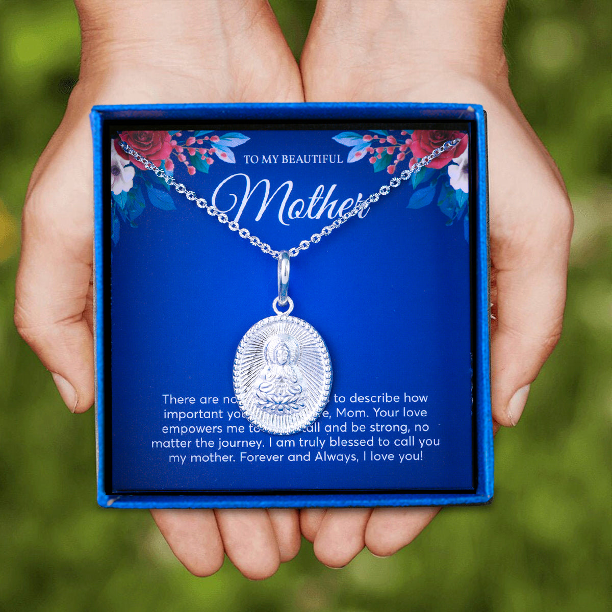 JUELHAUS Silver Pendant Gift for Mother with Oval Shape of Avalokiteshvara Bodhisattva Buddha Image