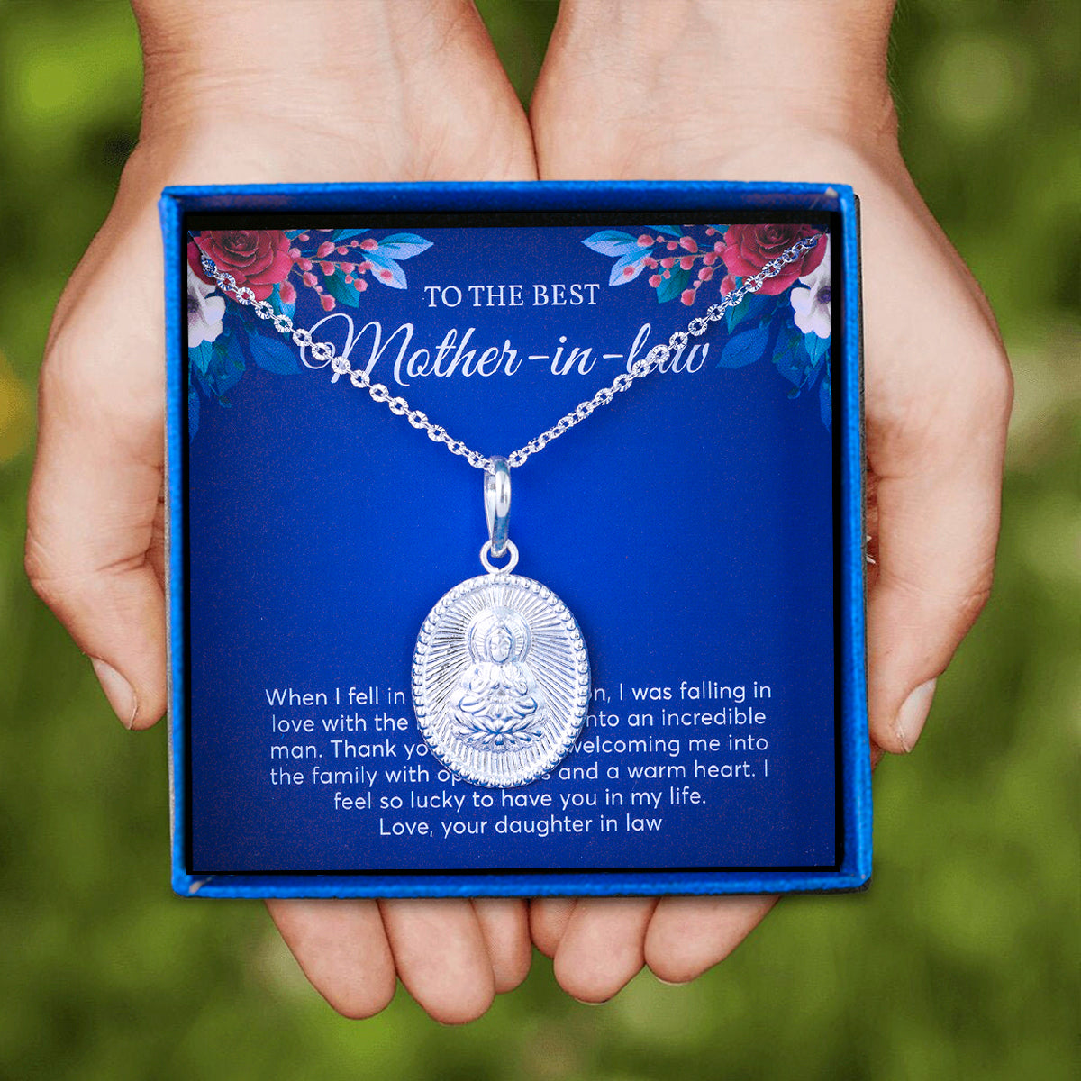 JUELHAUS Silver Pendant Gifted to mother-in-law with Oval Shape of Avalokiteshvara Bodhisattva Buddha Image