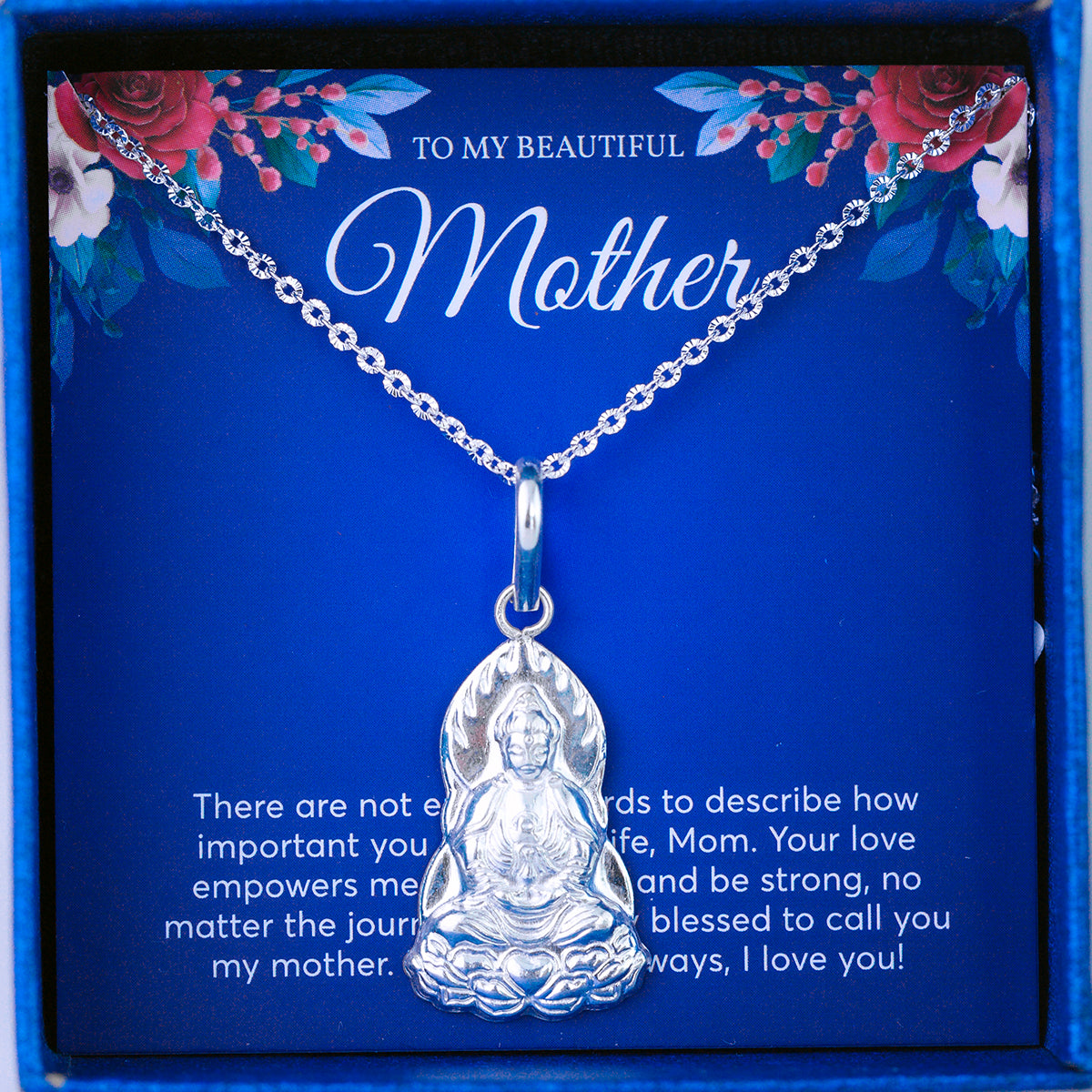 JUELHAUS Silver Pendant Gift for Mother with Bodhisattva Avalokiteśvara Buddha Image Sitting on a Lotus