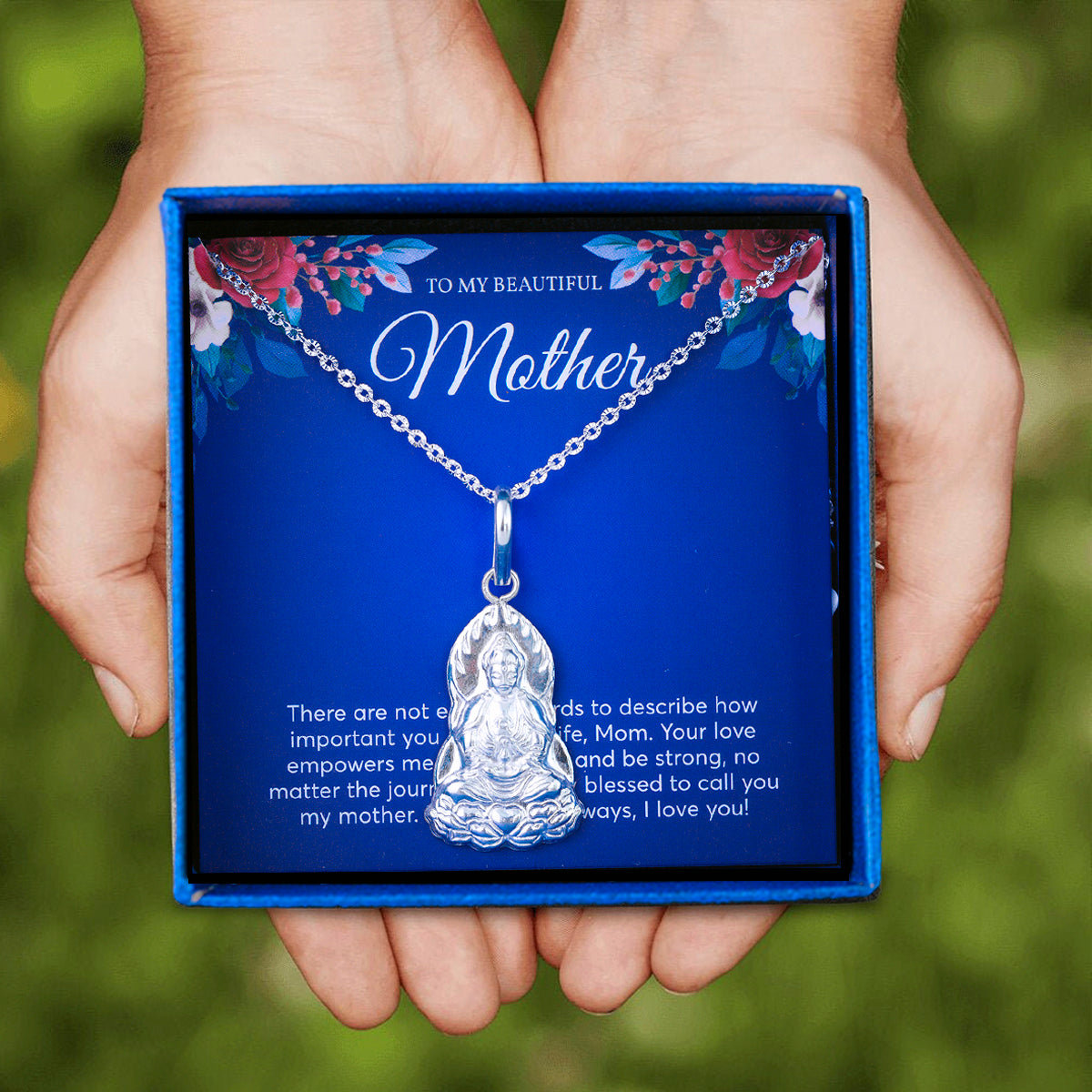 JUELHAUS Silver Pendant Gift for Mother with Bodhisattva Avalokiteśvara Buddha Image Sitting on a Lotus
