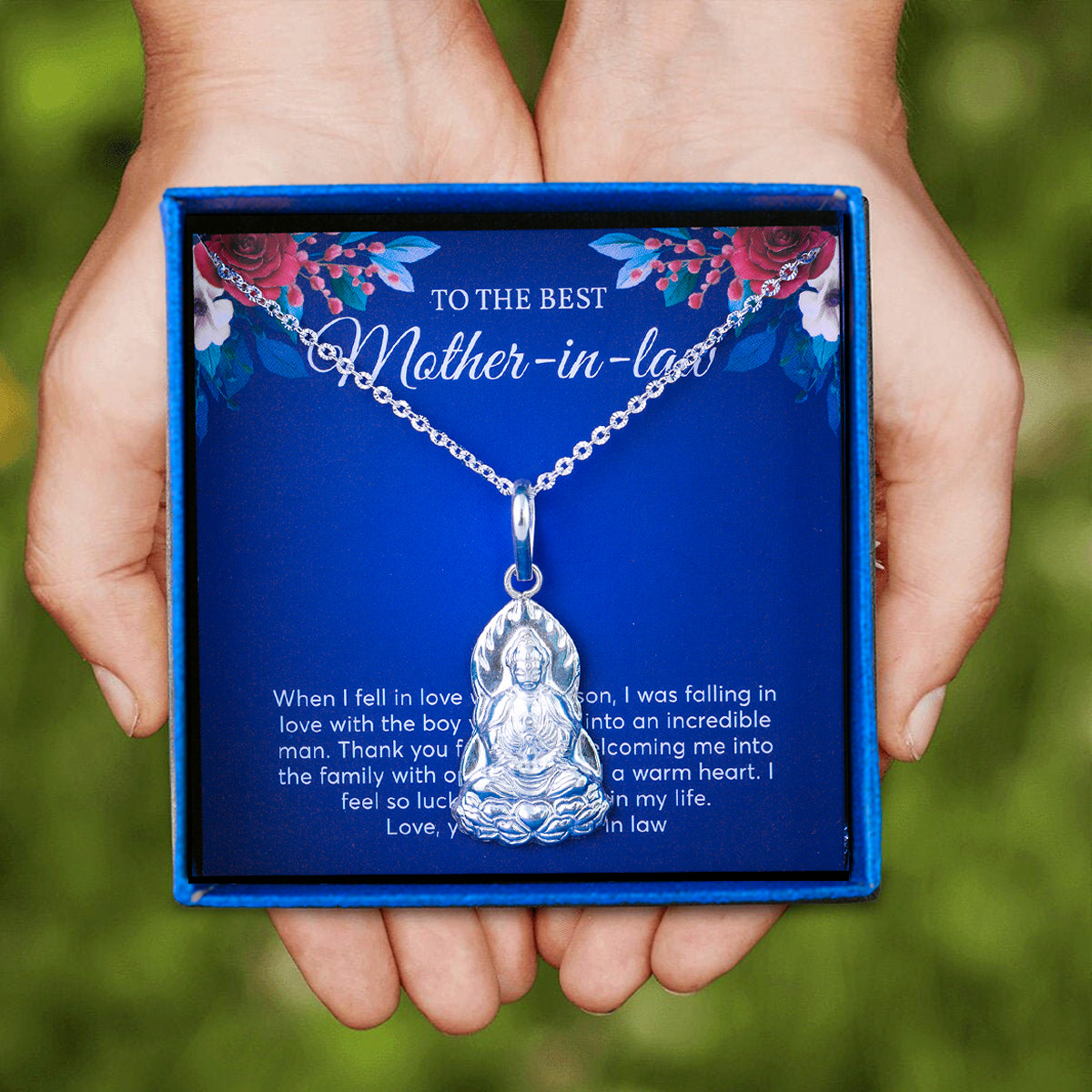 JUELHAUS Silver Pendant Gift for mother-in-law Bodhisattva Avalokiteśvara Buddha Image Sitting on a Lotus