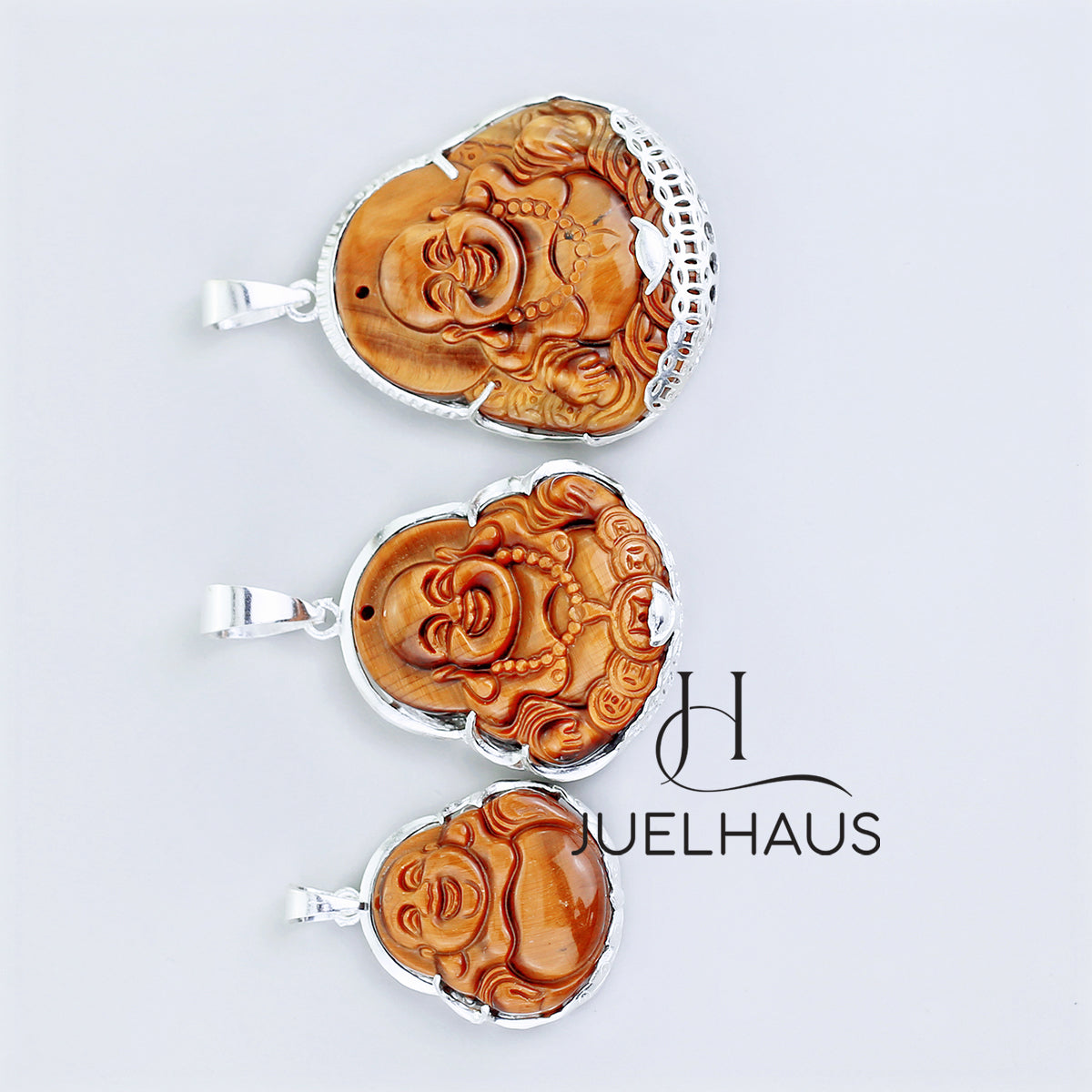 JUELHAUS Silver Pendant with Image of Laughing Buddha and Tiger Eye Stone, Available in 3 Sizes
