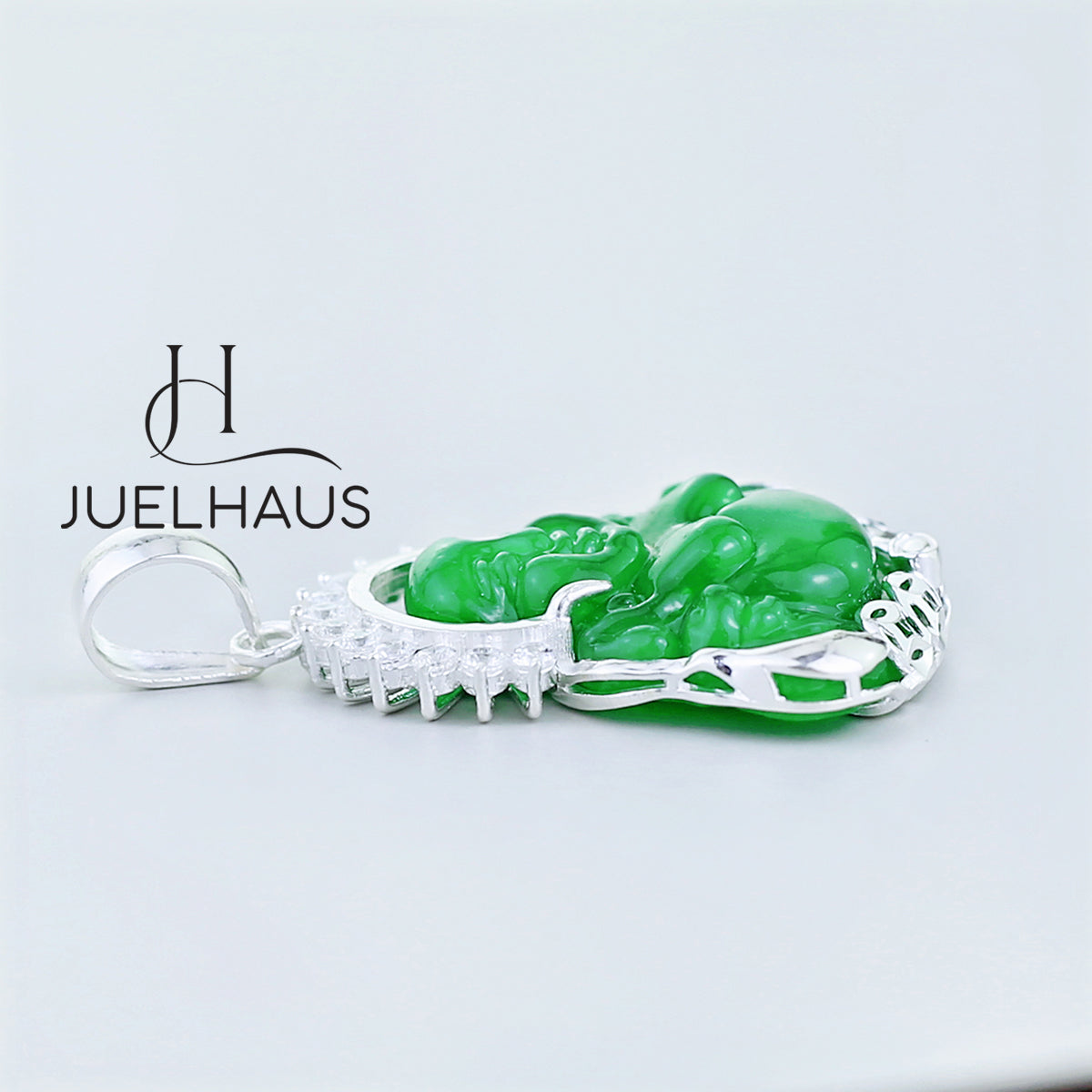 JUELHAUS Silver Pendant with the image of Maitreya Buddha, Turquoise Stone with Stone Edge, Bright Halo on Head