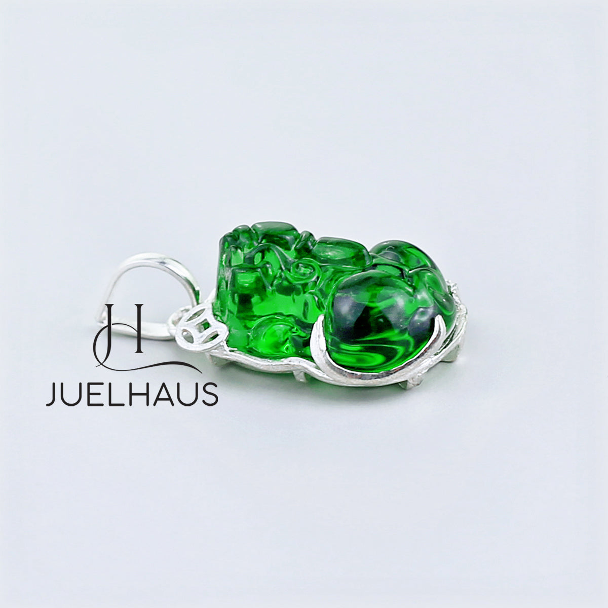 JUELHAUS Silver Pendant with Pixiu Shape, Multi-Colored Feng Shui Stone, Holding Lucky Coins