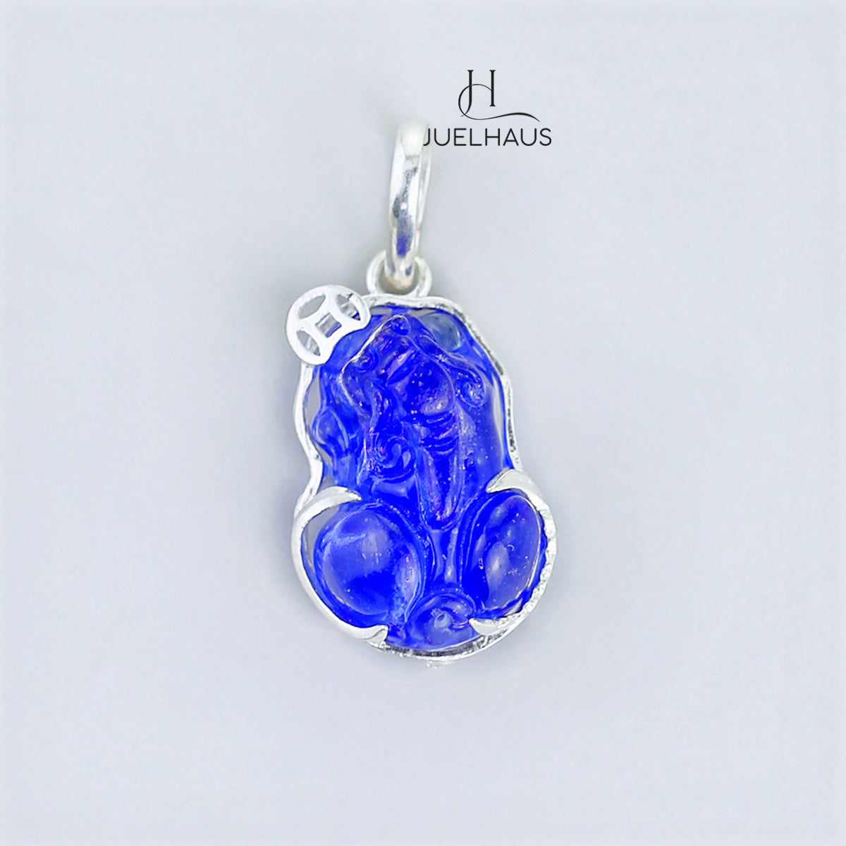 JUELHAUS Silver Pendant with Pixiu Shape, Multi-Colored Feng Shui Stone, Holding Lucky Coins