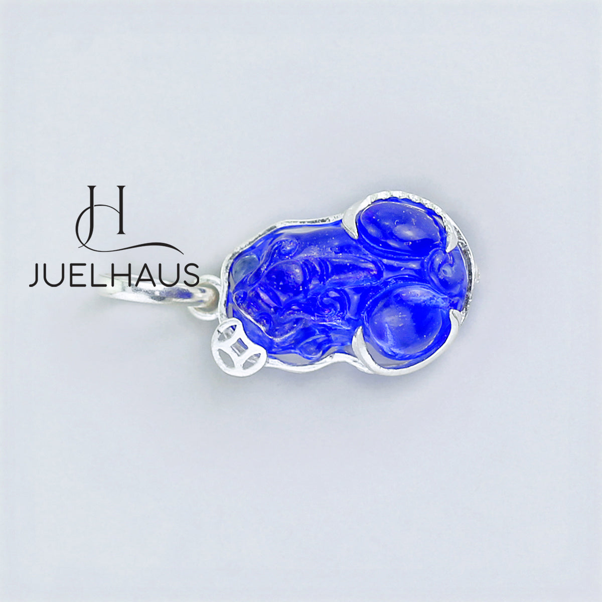 JUELHAUS Silver Pendant with Pixiu Shape, Multi-Colored Feng Shui Stone, Holding Lucky Coins
