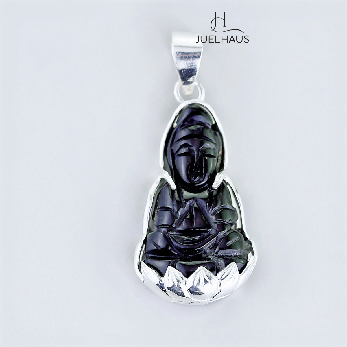 JUELHAUS Silver Pendant with the Image of Bodhisattva Avalokiteshvara, Black Agate, Silver-Plated, Simple and Beautiful