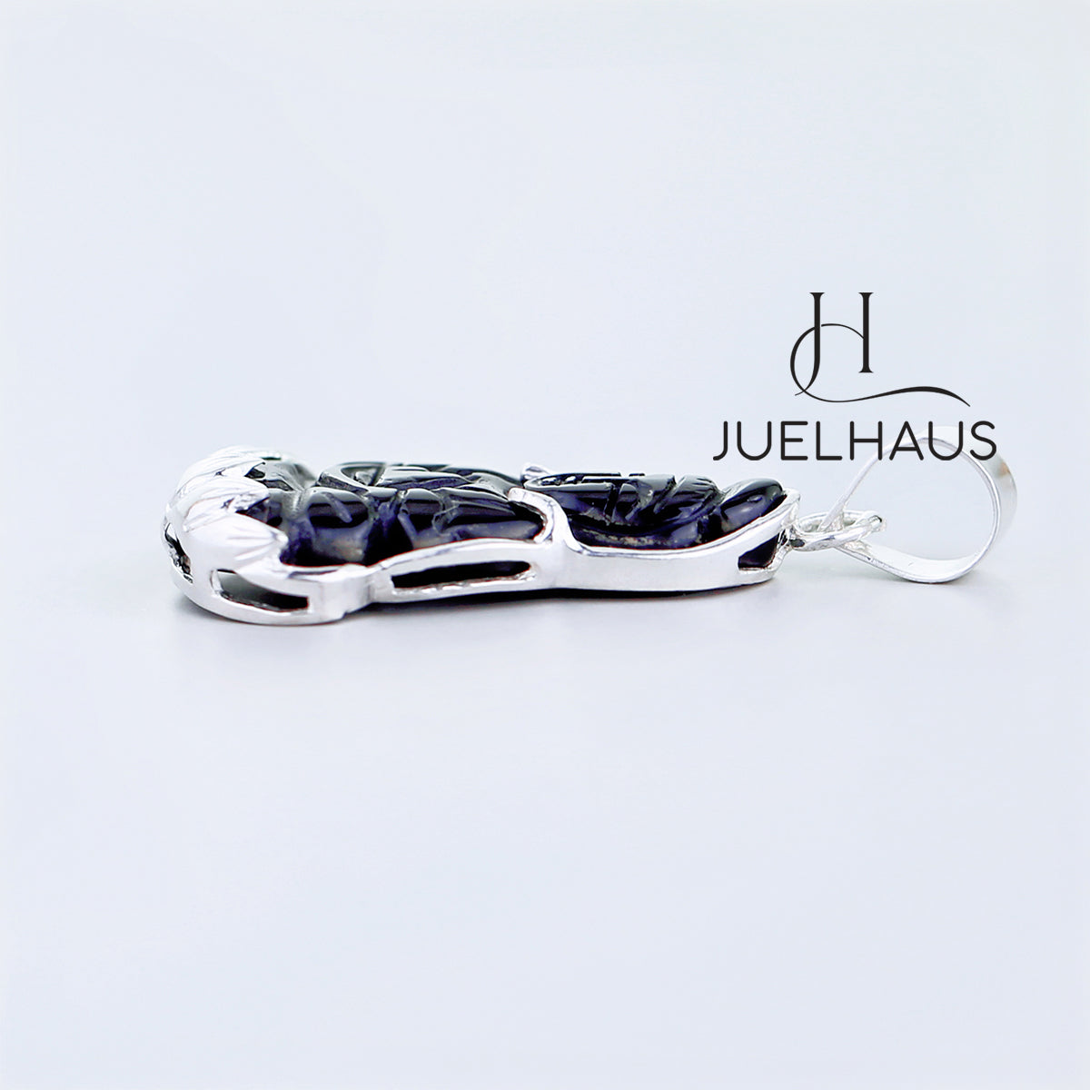JUELHAUS Silver Pendant with the Image of Bodhisattva Avalokiteshvara, Black Agate, Silver-Plated, Simple and Beautiful