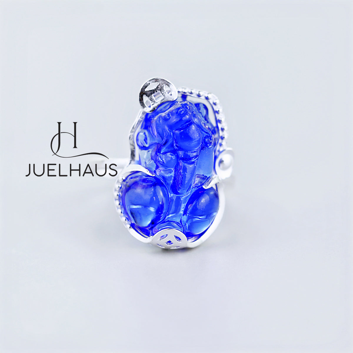 JUELHAUS Silver Pixiu Ring with Colorful Feng Shui Stone Holding Lucky Coin