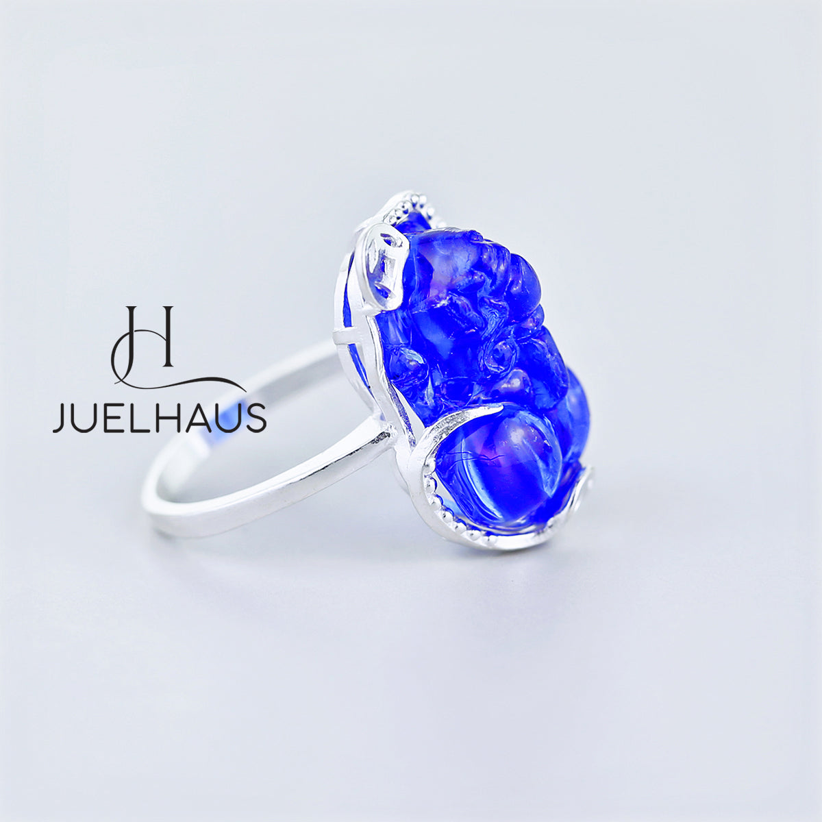 JUELHAUS Silver Pixiu Ring with Colorful Feng Shui Stone Holding Lucky Coin
