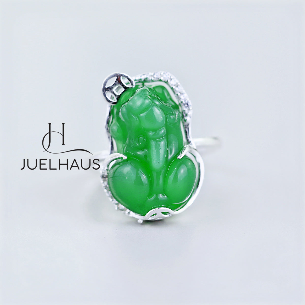 JUELHAUS Silver Pixiu Ring with Colorful Feng Shui Stone Holding Lucky Coin