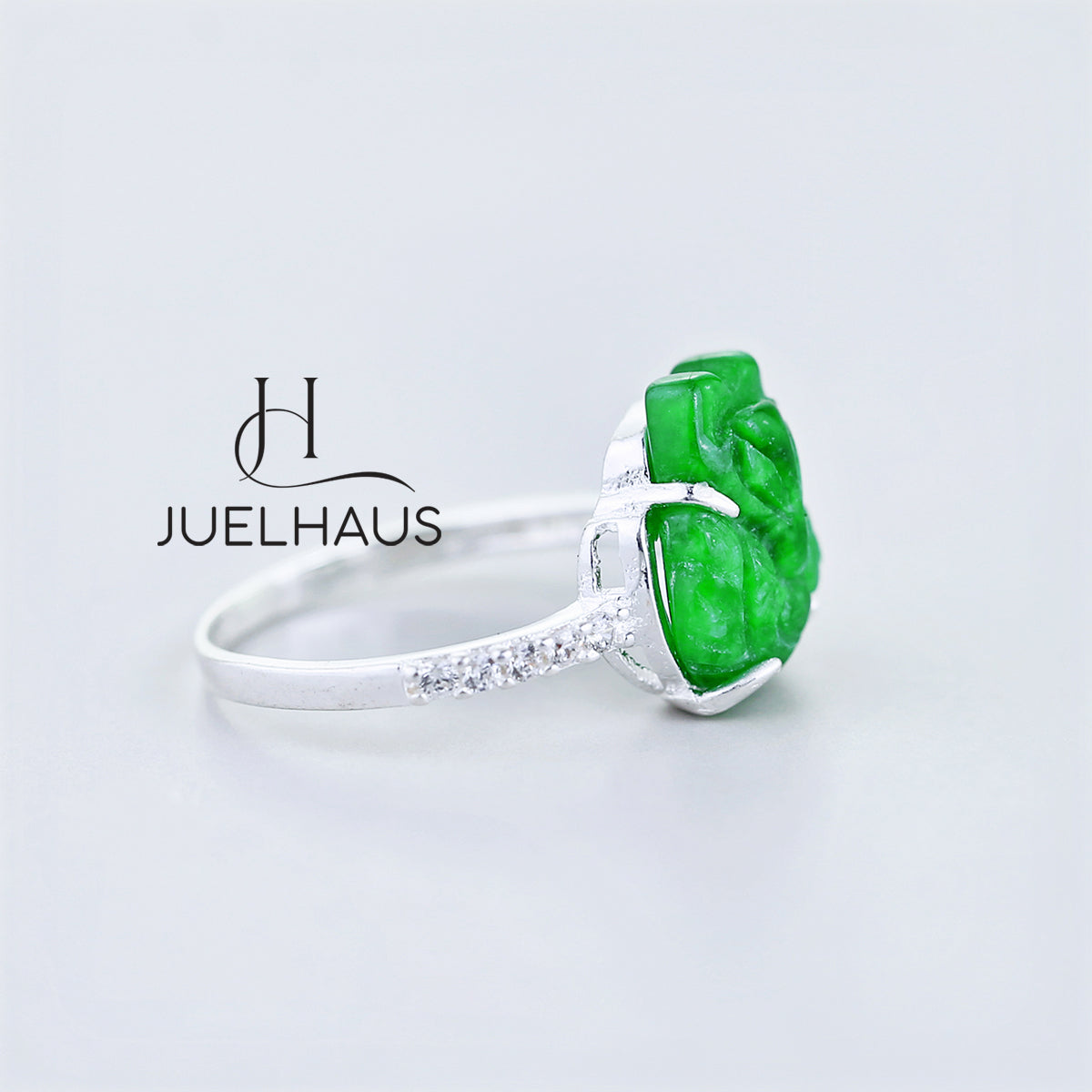 JUELHAUS Small and Pretty Green Jade Fox Silver Ring with 2-Sided Stone Border, Exquisite and Outstanding Ring