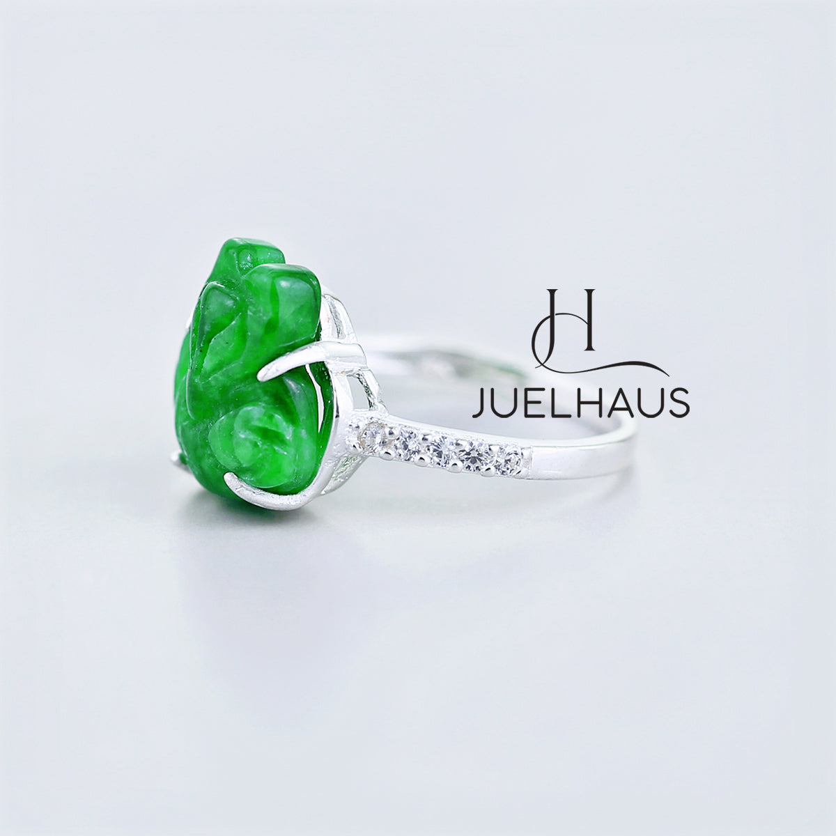 JUELHAUS Small and Pretty Green Jade Fox Silver Ring with 2-Sided Stone Border, Exquisite and Outstanding Ring