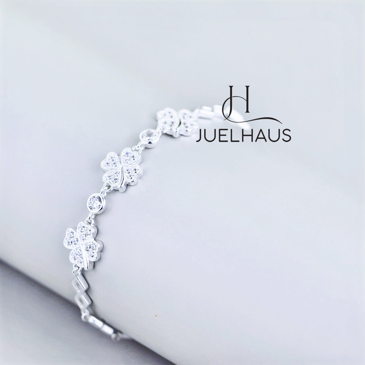 JUELHAUS S990 Pure Silver Bracelet for Women with 4 Leaf Clover and Sparkling Stone
