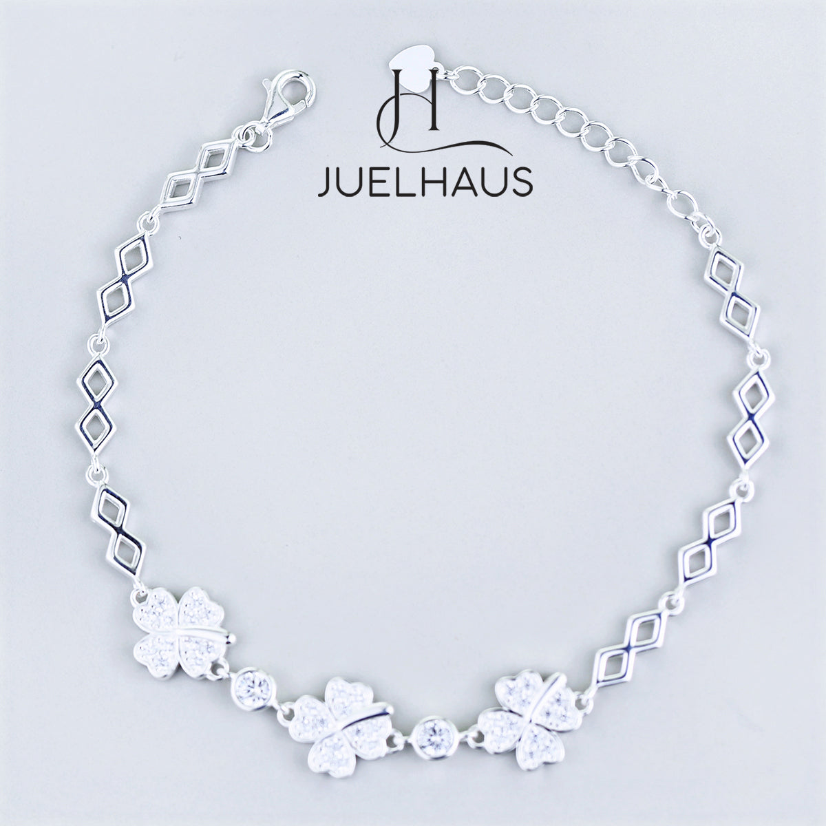 JUELHAUS S990 Pure Silver Bracelet for Women with 4 Leaf Clover and Sparkling Stone