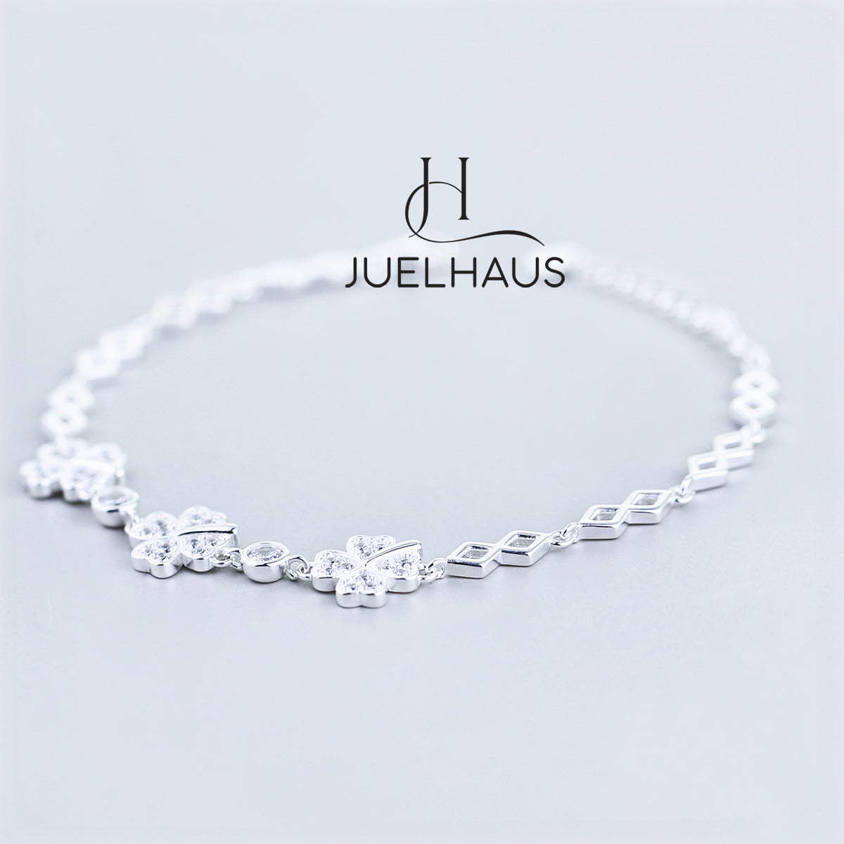 JUELHAUS S990 Pure Silver Bracelet for Women with 4 Leaf Clover and Sparkling Stone
